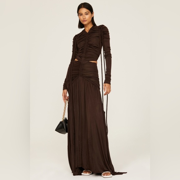 PROENZA SCHOULER Cutout Ruched Jersey Maxi Dress in Dark Brown - Picture 1 of 16